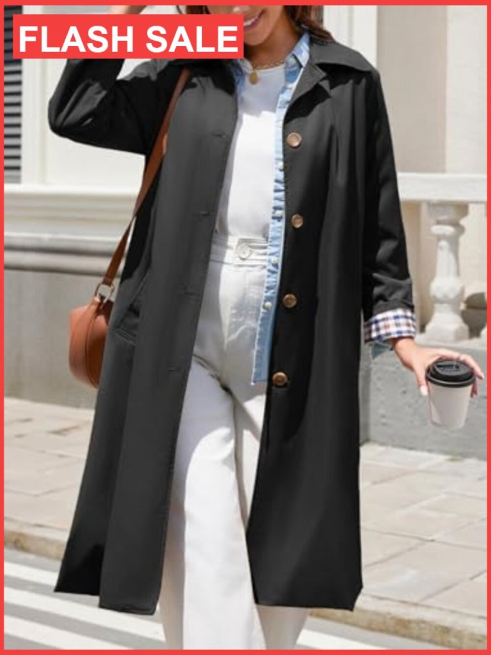 Oversized Long Trench Coat Windproof Single Breasted Faux Leather - Picture 6 of 7